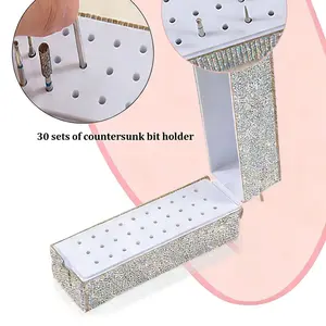 Shiny Diamond Nail Drill Bit Storage Box, 30 Hole Divided Compartments Professional Nail Tool Organizer, Dustproof Display Case for Salon & Home Use