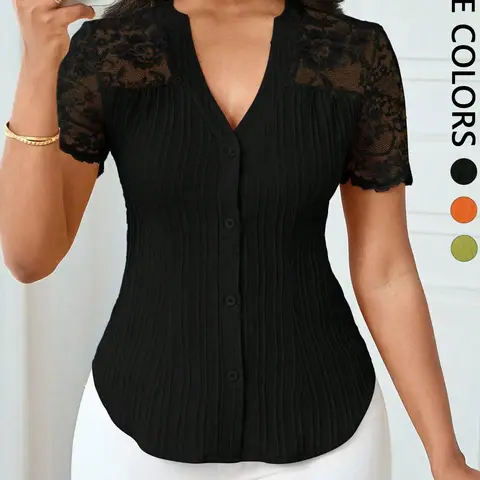 Women's Solid Color Simple Basic Minimalist Fitted Commuter Casual Shirt Summer Style, Ladies Plain Design Office Wear, Comfortable and Stylish Fashion Fitted Blouse, Button Front Button Fastening Tops