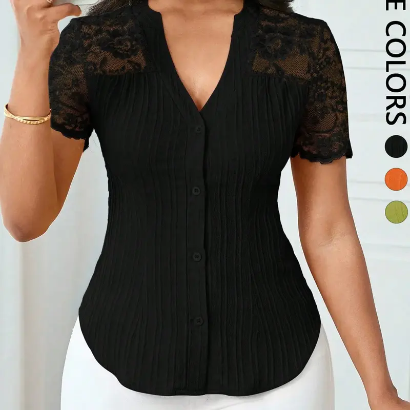 Women's Solid Color Simple Basic Minimalist Fitted Commuter Casual Shirt Summer Style, Ladies Plain Design Office Wear, Comfortable and Stylish Fashion Fitted Blouse, Button Front Button Fastening Tops