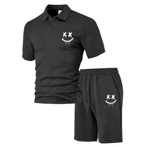 Men's Smiling Face Graphic Trending Polo & Shorts Set, Jacquard Texture Summer Outfit, Lightweight Breathable Sport Set, Streetwear Matching Set