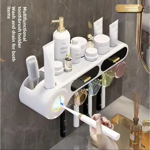 Wall-Mounted Toothbrush Holder with 2/3/4 Cups & Toothpaste Dispenser - Large Capacity Bathroom Organizer with Cosmetic Drawer,Bathroom supplies,Home Goods