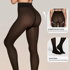 Women Fleece Lined Leggings Sheer Fake Translucent Pantyhose Thermal High Waisted Footed Opaque Tights Womenswear Soft Warmer Basic Coffee Chic Elegant Minimalist