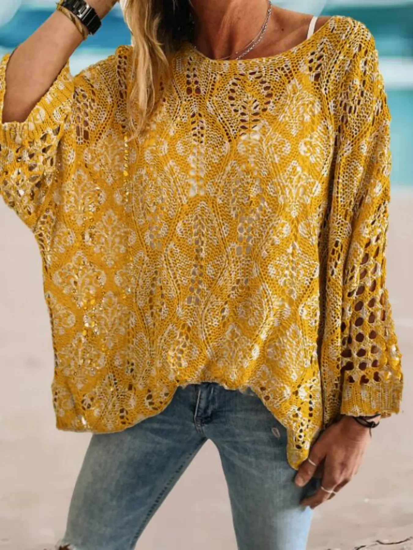 Women's Feather Printed Long Sleeve Knit Top, Elegant Loose-Fitting Hollow Out Batwing Sleeves, Holiday Vacation Sweater