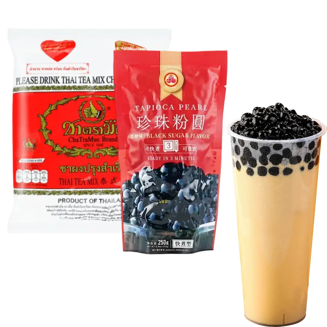 WuFuYuan Black Tapioca Pearl 250g & CHA TRA MUE Thai Tea Mix Powder 400g - Complete Bubble Tea Kit for Taiwanese & Thai Flavors Beverage