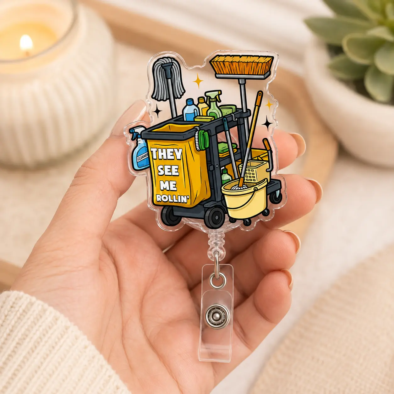EVS Badge Reel, They See Me Rollin Cleaning Cart Badge Holder, Housekeeping Staff Gift