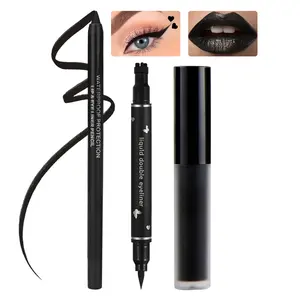 3-In-1 Black Aesthetic Makeup Set - Midnight Black Lip Gloss, Waterproof Liquid Eyeliner & Cute Heart Stamp Wing Liner Duo