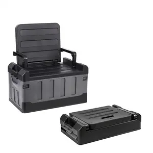 16-Gallon Folding Storage Box with Sturdy Stool & Backrest Vehicle Car Mounted Container for Camping Fishing Travel Car Interior Storage Multifunctional Organizational Solution