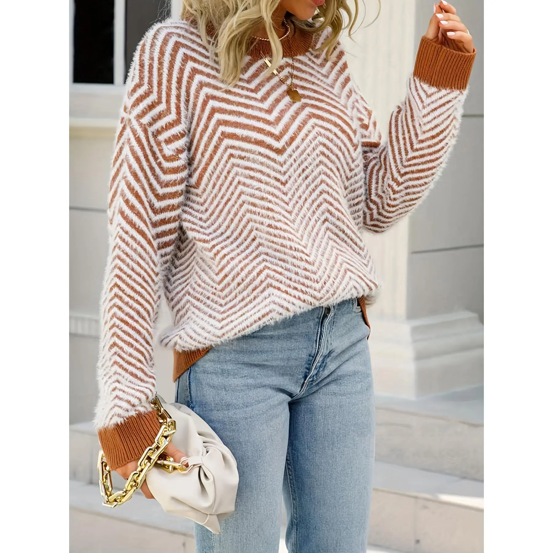 Chevron Print Knit Sweater, Casual Crew Neck Long Sleeve Sweater, Women's Clothing