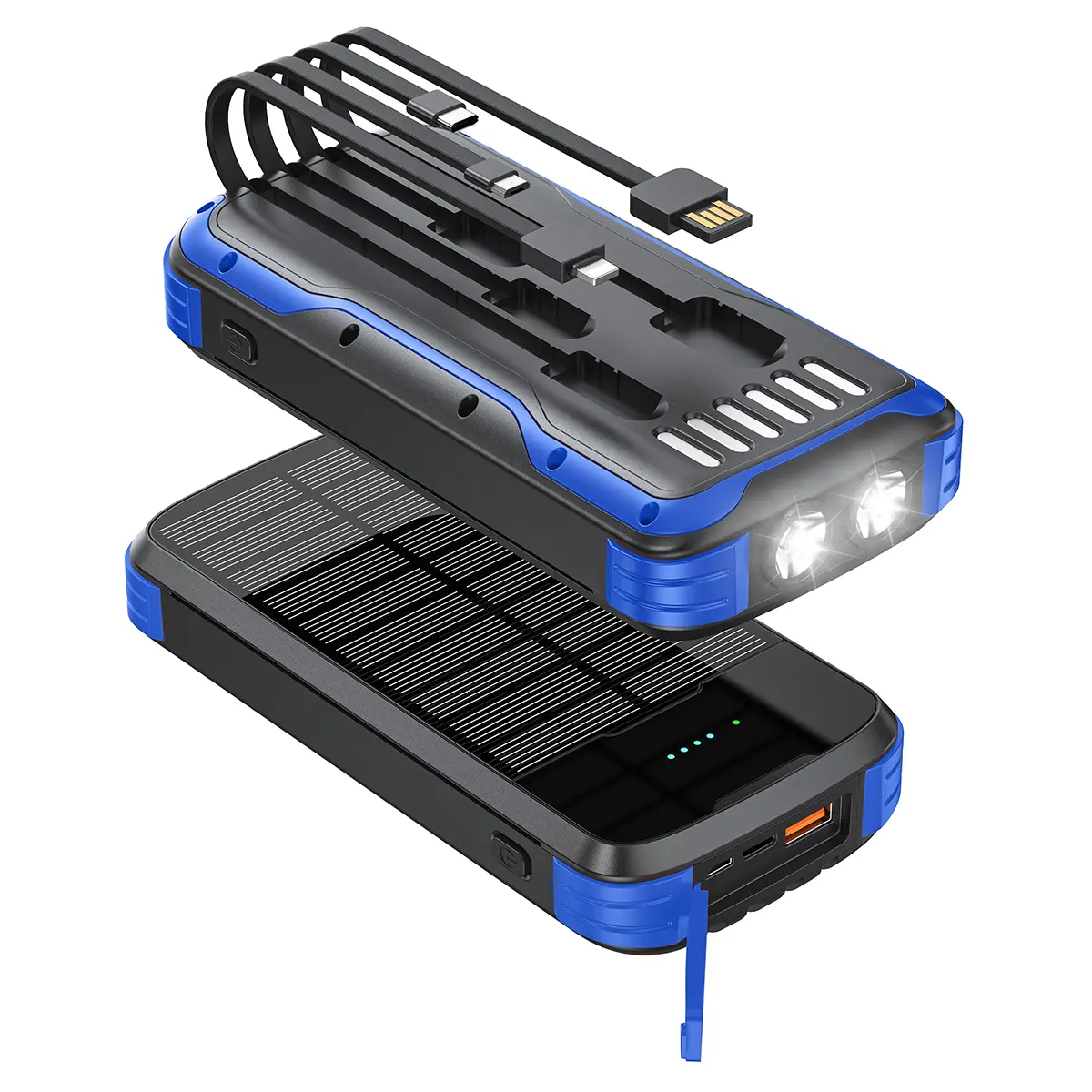 Solar Charger Power Bank, 40000mAh Portable Phone Charger Built in 4 Cables with USB C in/Output, PD 20W Fast Charging Portable Charger, External Battery Pack with Dual Bright Flashlights