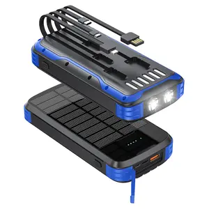 Solar Charger Power Bank, 40000mAh Portable Phone Charger Built in 4 Cables with USB C in/Output, PD 20W Fast Charging Portable Charger, External Battery Pack with Dual Bright Flashlights