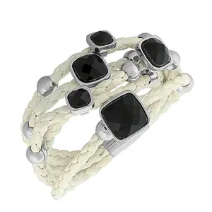 Fashion Alloy White Faux PU Leather Rose Gold-ToneBlack Stones Heart Multi-Row Layer Bracelet
