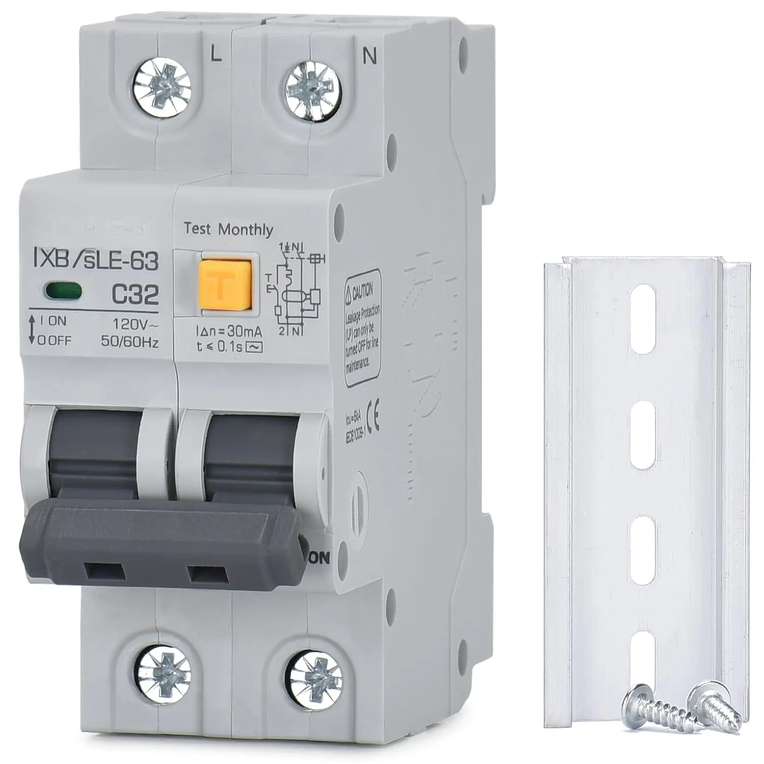 Ground Fault Circuit Breaker, 32 Amp 120V AC DIN Rail Mount Residual Current Circuit Breaker, Thermal- Trip, Earth-Leakage Protection 1PN RCBO C32