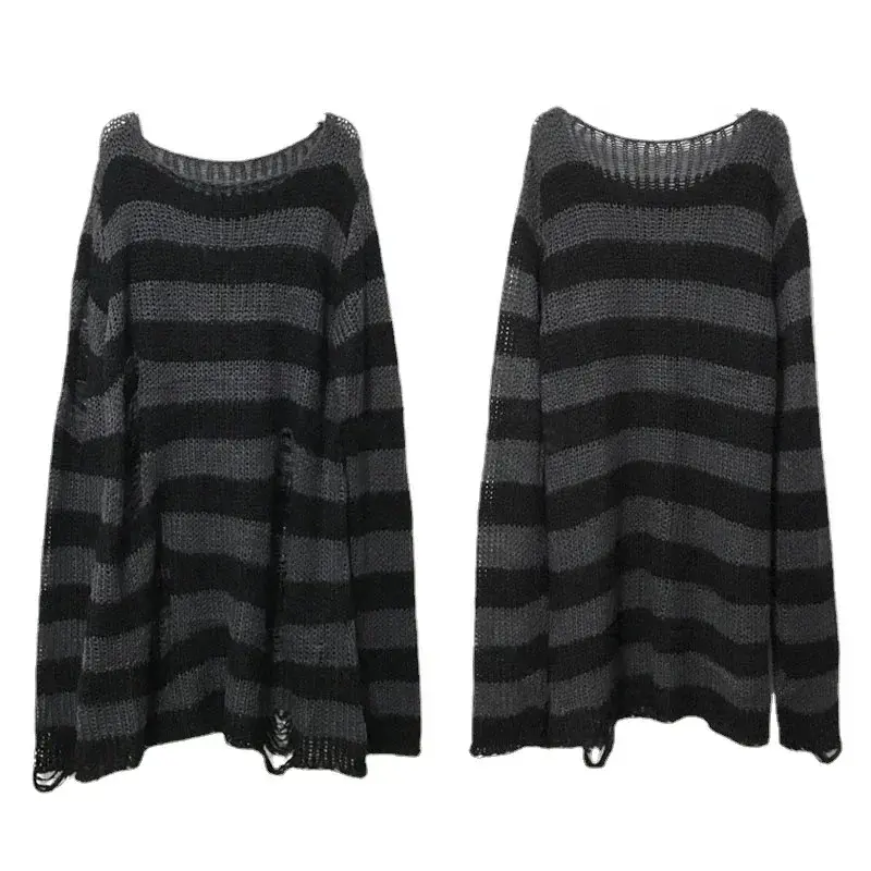 New styleAutumn Punk Gothic Long  Unisex Sweater Striped Cool Hollow Out Hole Broken Jumper Loose Rock Thin Dark Streetwear