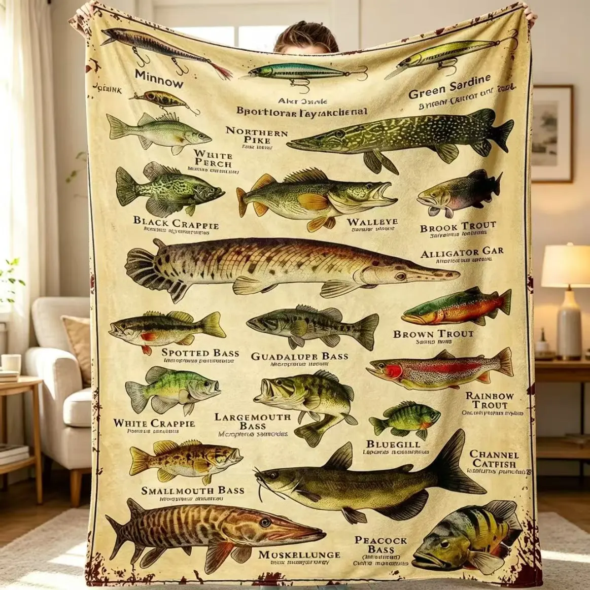 Fish Pattern Flannel Blanket, Soft Cozy Warm Plush Throw Blanket for Sofa, Bed, Bedroom, Living Room, Home Office, Travel, Camping, Air-Conditioned Room and Nap Time Gift