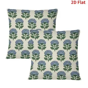 Blue Green Floral Block Print Pillow Set of 2 Flower Pattern Cream Spring Summer Decorative Throw Pillowcases Outdoor Rustic Farmhouse Cushion Cases Decor for Home Couch Sofa Bed