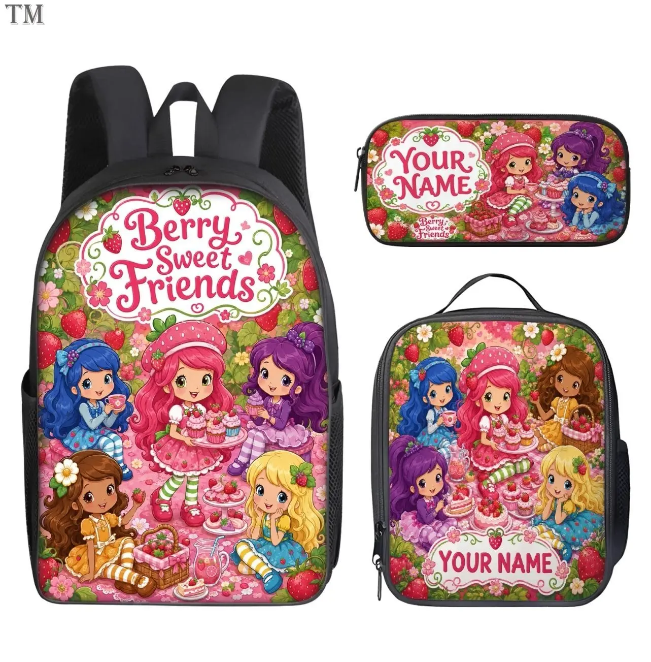 Cute Cartoon Strawberry Girl Mascot Schoolbag Set | 3Pcs Bookbag Insulated Lunch Tote Pencil Pouch | Unique Student Holiday Gift