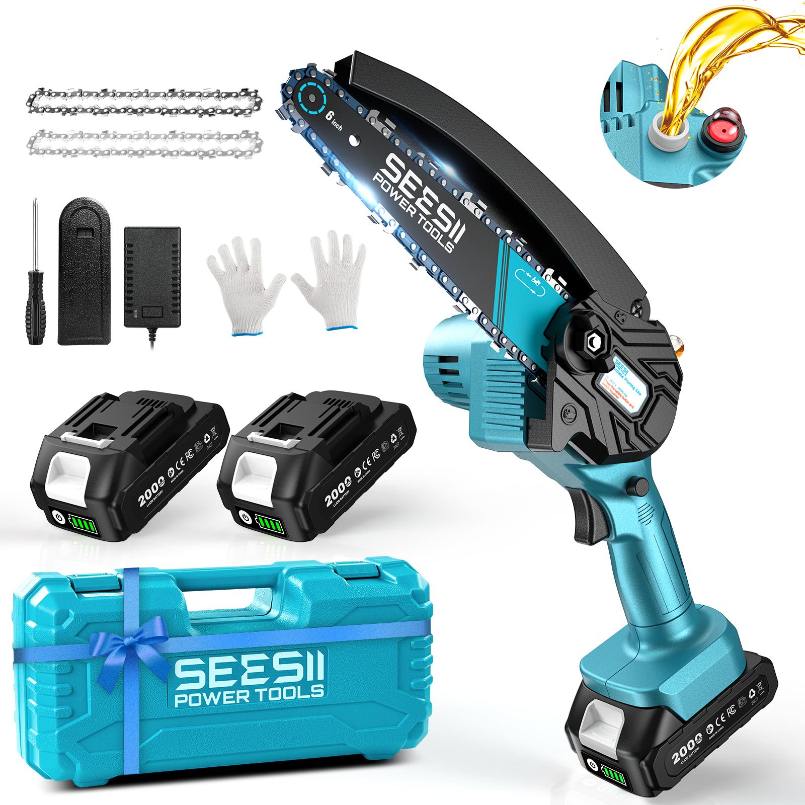 Mini Chainsaw Cordless 4/6 inch , SeeSii Handheld Electric Power Chain Saw with Battery for Tree Trimming Wood Cutting,