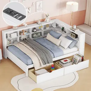 Full Size Daybed with Bookcase Headboard and 2 Drawers, Wooden Platform Bed Frame with Storage Shelf and USB Charging Ports, No Box Spring Needed