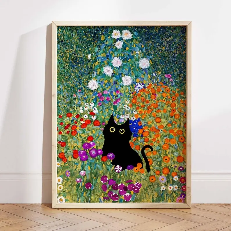 [Sale Up To 50%][No frame, Free Ship] Gustav Klimt Garden Cat Print, Klimt Flowers Cat Poster, Black Cat Art, Floral Print, Funny Cat print, Funny gift, Home decor Poster
