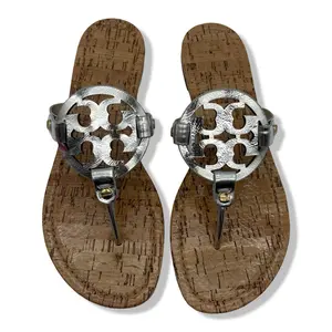 Pre-Owned Tory Burch Women's Miller Sandals with Rivits + Handtack Stitch, Silver/Natural, 8 Medium US - B0BBPGVMPC