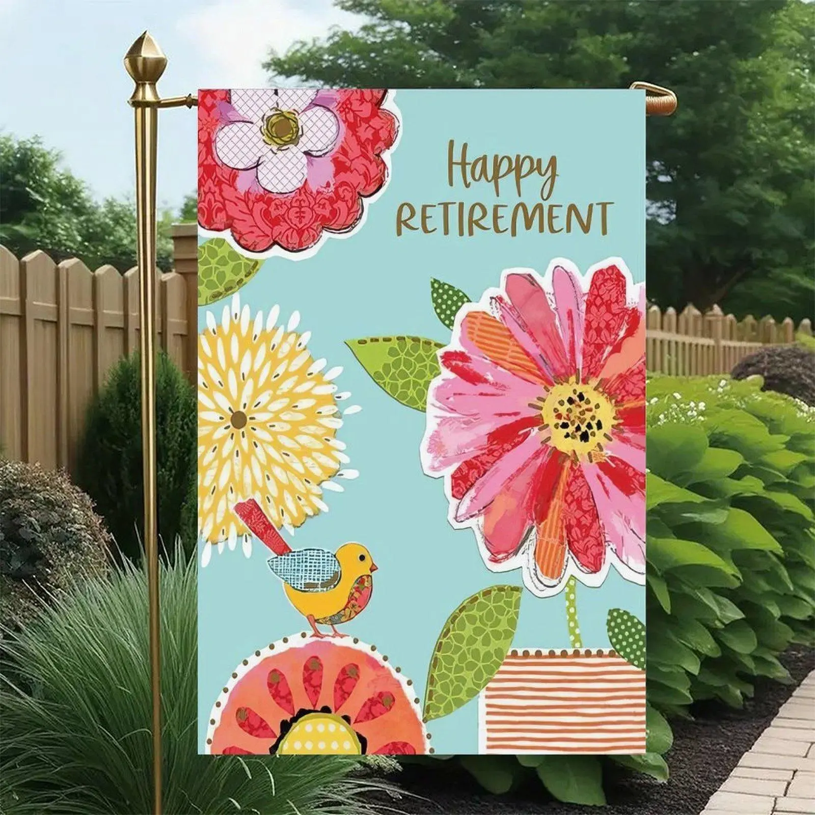 Happy Retirement Colorful Patchwork Flower Yellow Bird Vintage Art Garden Flag Double-Sided 12x18in, Retirement Celebration Floral Outdoor Patio Banner