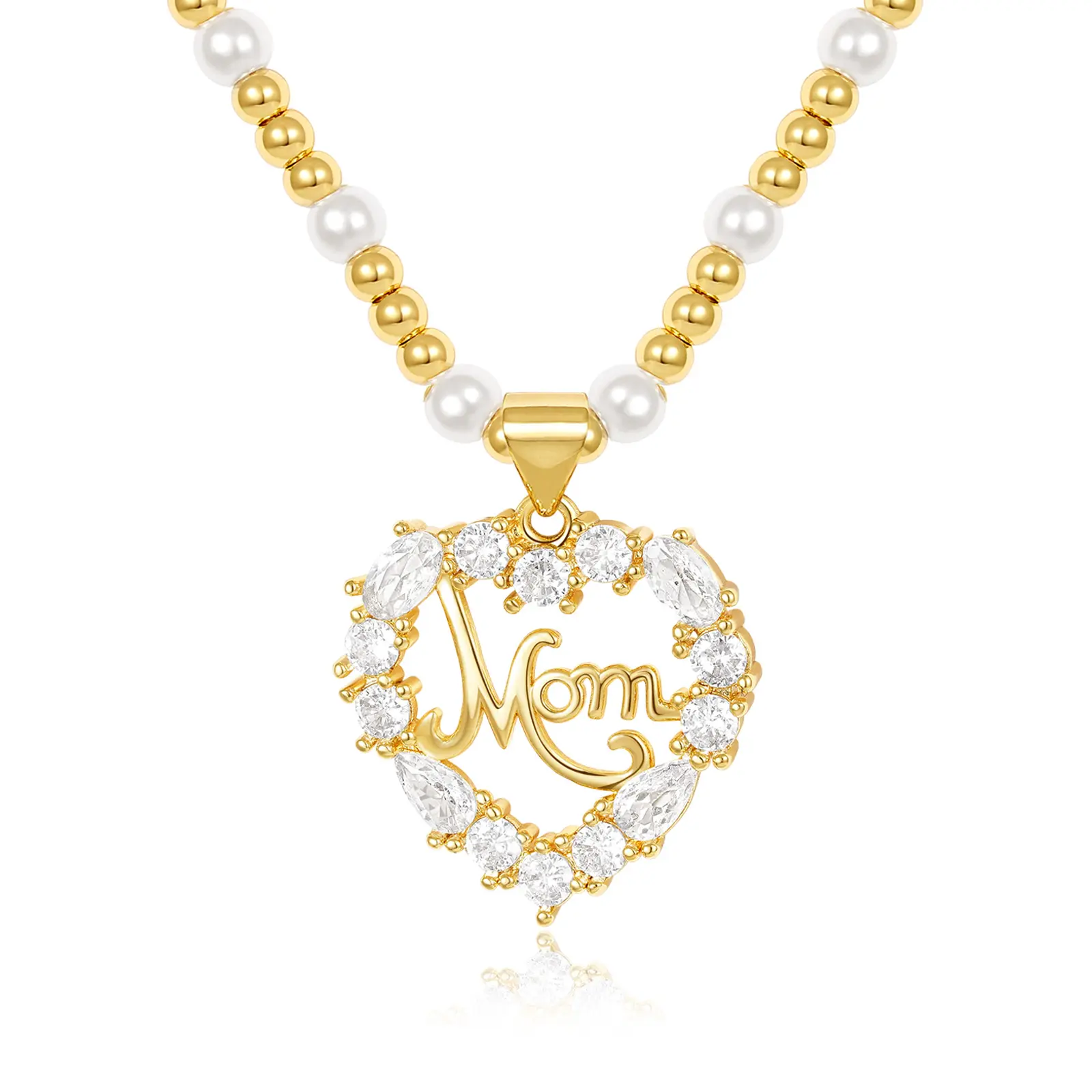 KissYan Mom Heart Necklace for Women, 14K Gold Plated Cubic Zirconia Pendant with Pearl and Gold Beaded Chain Mother's Day Jewelry Gift