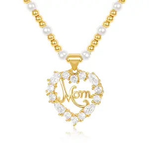 KissYan Mom Heart Necklace for Women, 14K Gold Plated Cubic Zirconia Pendant with Pearl and Gold Beaded Chain Mother's Day Jewelry Gift DealsForYouDays