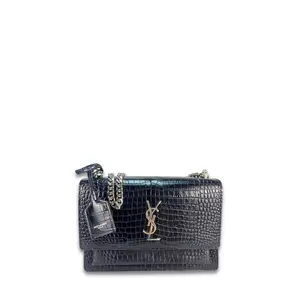 Pre-owned Yves Saint Laurent Croc-Embossed Patent Leather Shoulder Bags YSL Croc Embossed Medium Sunset Shoulder Bag