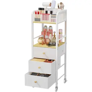 Rolling Makeup Cart Organizer - Floor Skincare Make Up Storage with 3 Non-woven Fabric Drawers, Vanity Organizer Cosmetic Display Cases Holder for Skin Care Perfume Nail Polish Brush Hair Tool