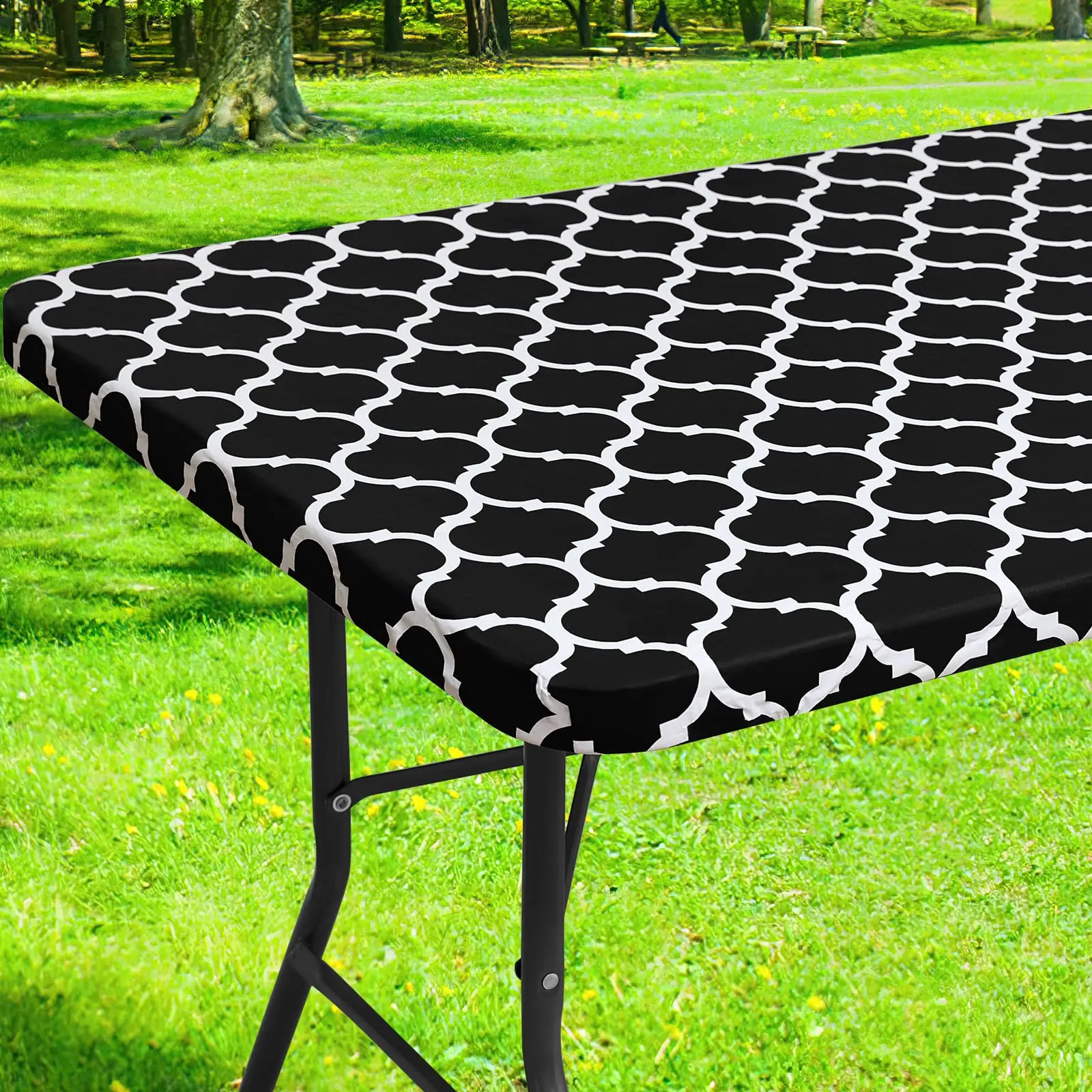 Rectangular Plastic Picnic Tablecloth, Rectangle Tablecloth, Waterproof Elastic Fitted Outdoor Tablecloth, Wipeable Table Cover for Camping, Dining and Indoor, Washable Table Cover