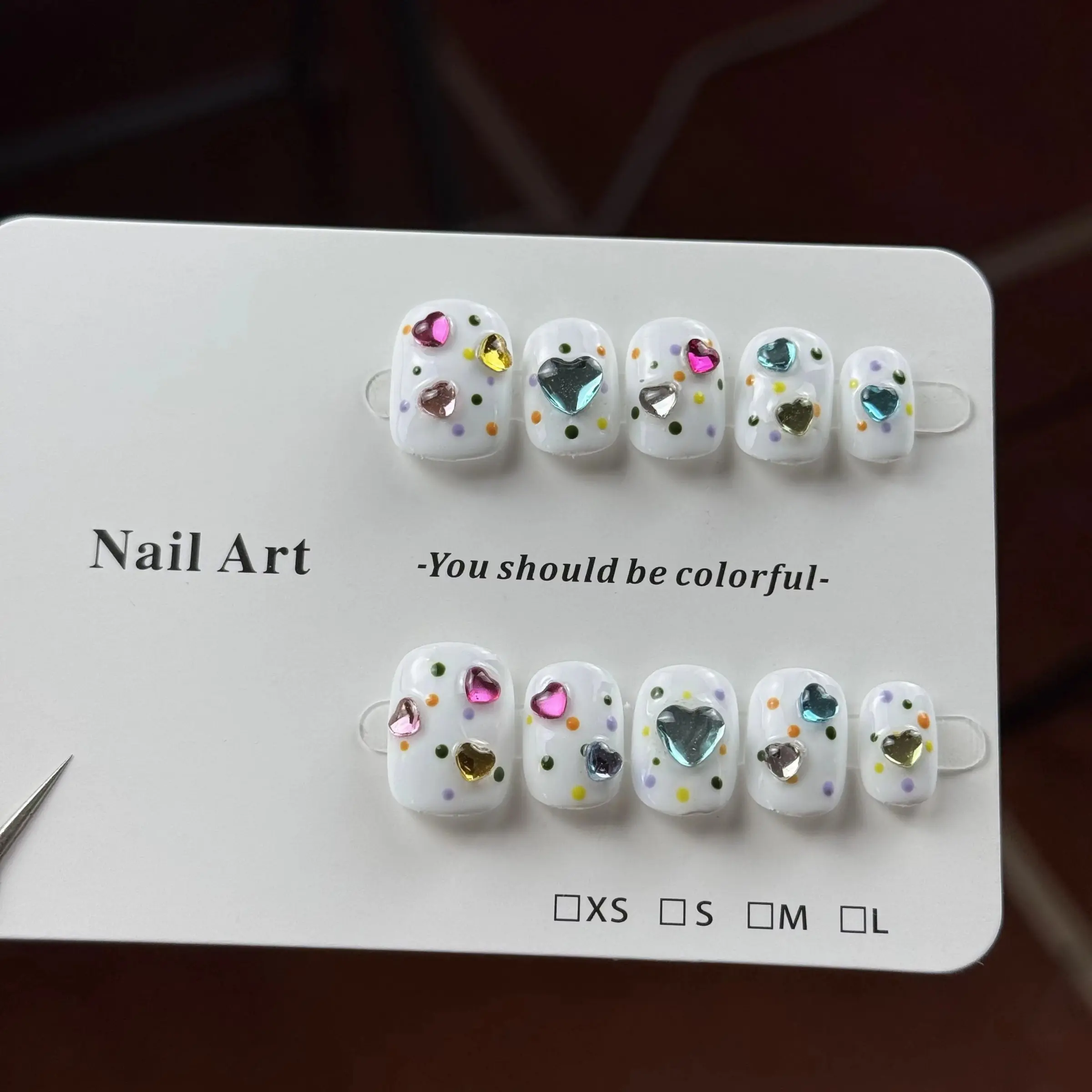 10pcs high-end Niche sweet and cool style, hand-painted three-dimensional heart-shaped diamond, dopamine color series handmade Handmade Press On Handmade Decorative Nails Nail Art