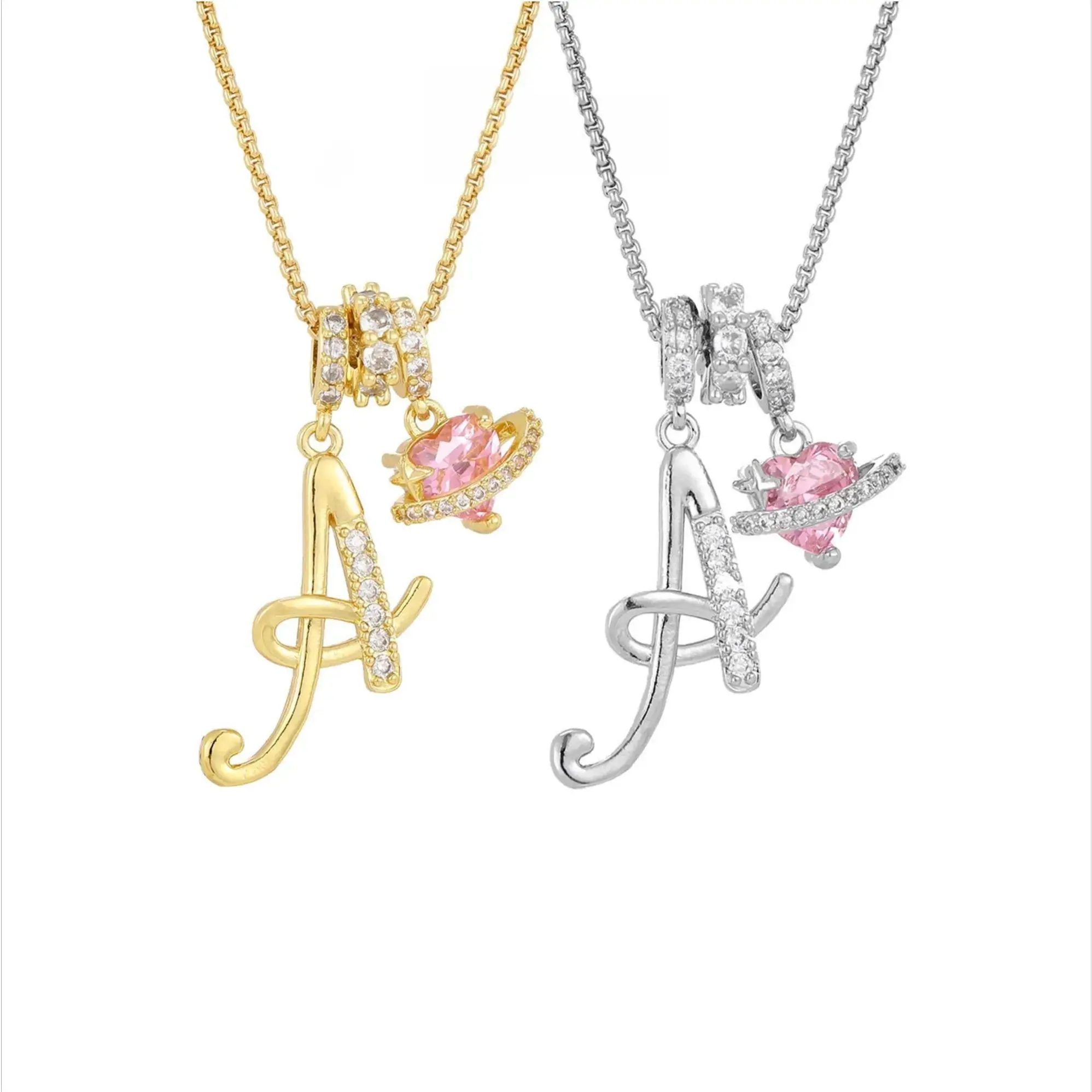 18K Gold Plated Heart Initial Necklace, Pink CZ Letter Pendant Jewelry Gift for Women