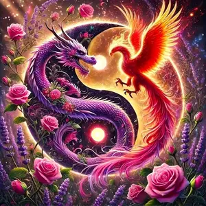 Yin Yang Purple Dragon And Phoenix With Roses Lavender Art Painting 5D DIY Diamond Painting Kit Full Drill Square Round Diamonds Embroidery, Embroidered Floral Design, Art Craft Home Wall Decor Gift Decorative Painting Set