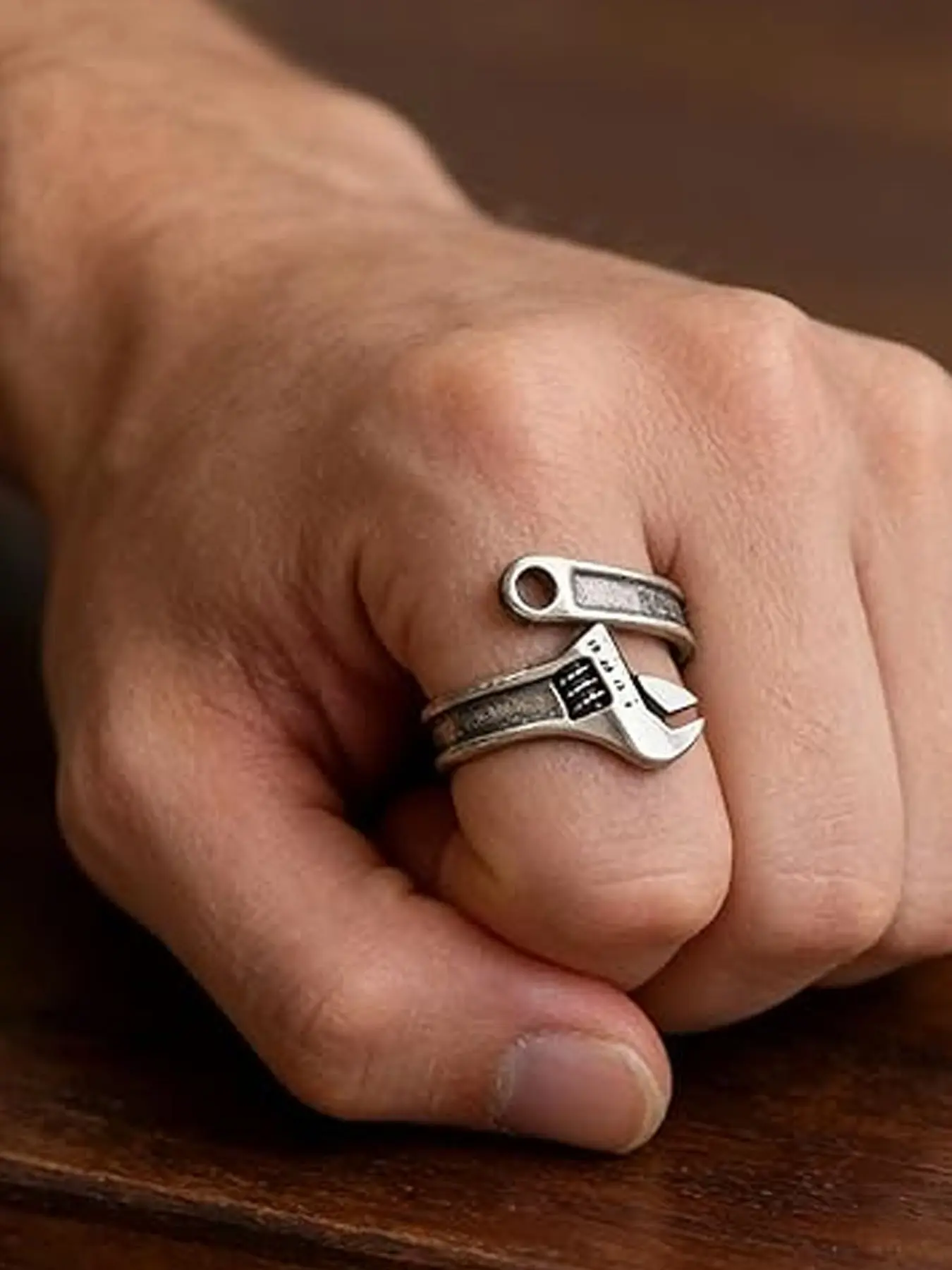 Punk Wrench Tool Ring Vintage Trendy Design Motorcycle Men's Wrench Plate Open Ring, Men's Ring,Men'S And Women'S Open-End Rings, Fashionable Hip-Hop Style Trendy Men'S And Women'S Daily Wear Accessories, Vintage Rings Jewelry, Metal Rings