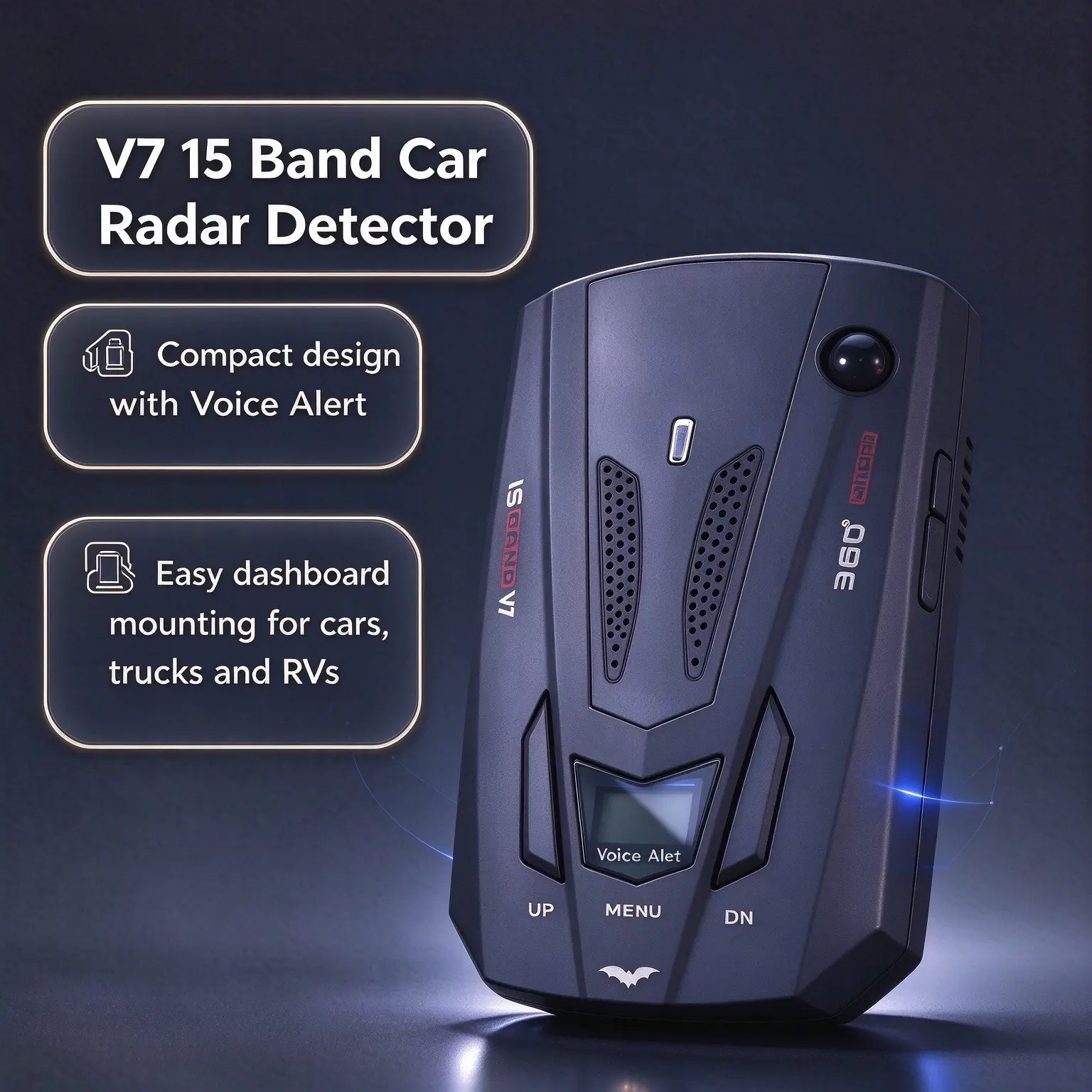 V7 15 Band Car Radar Detector, 360° Laser Detection, Voice Alert Speed Warning, City & Highway Mode, Fast Easy Setup, Cigarette Lighter Power Connection, Plug and Play for Cars, RVs & Trucks