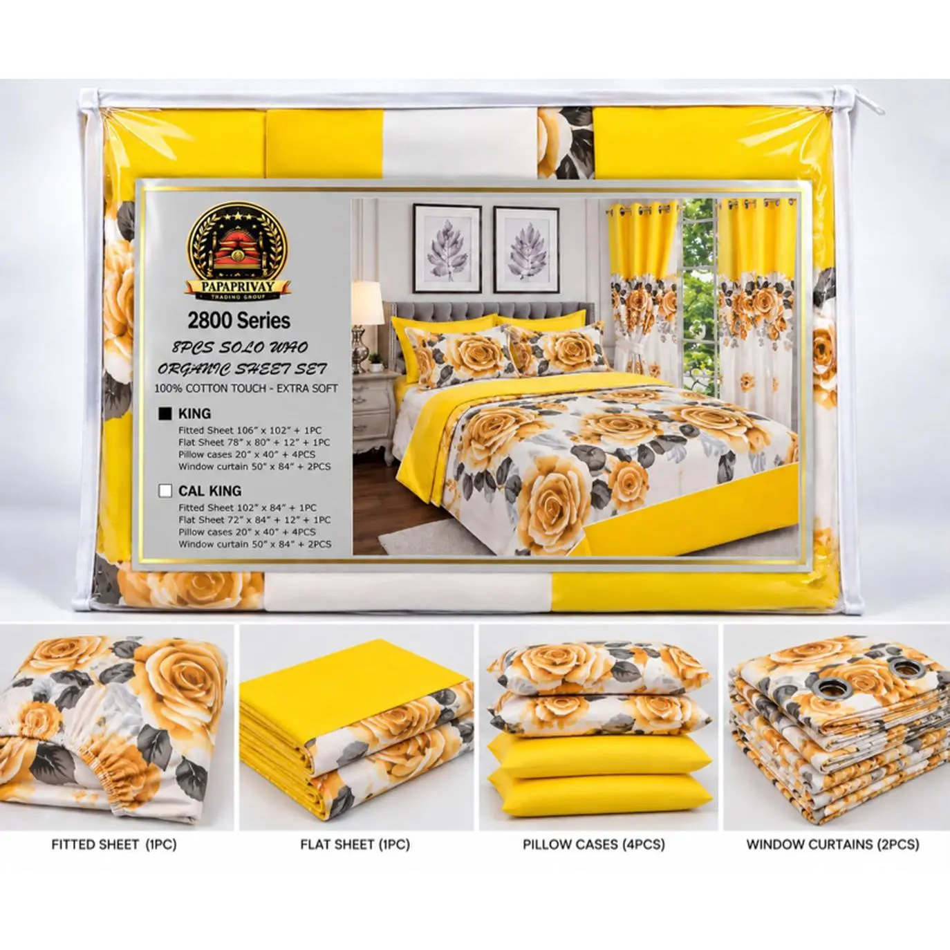 2800 Series Pink Yellow Orange 100% Cotton Touch Extra Soft Fitted Sheet Flat Sheet Pillow Cases Window Curtains Set