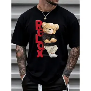 Men's Summer Round Neck Short-Sleeve Casual T-Shirt with Letter Bear Print, Natural Spandex Seamless Slimming Layering Top