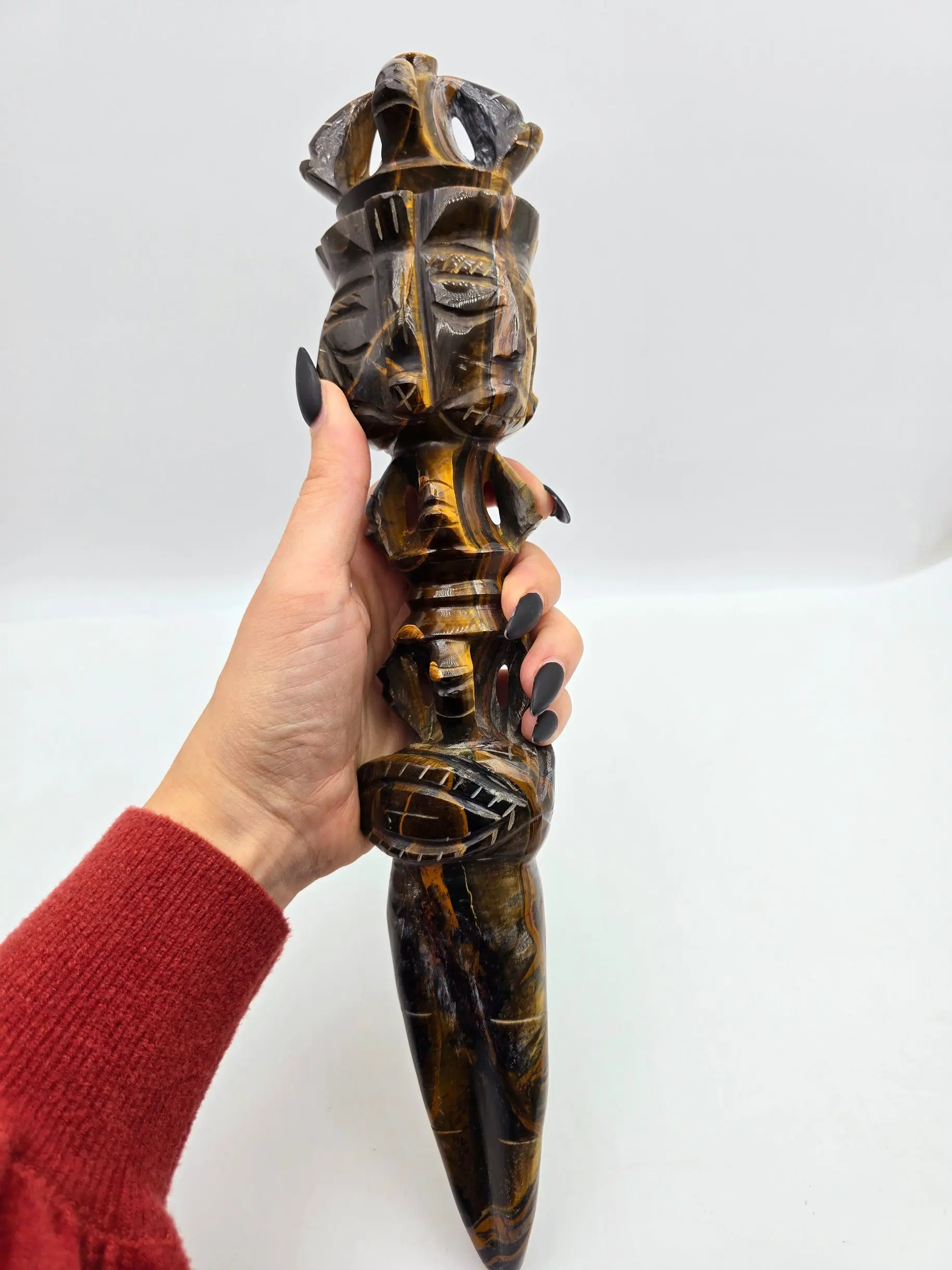 Phurba Dagger, 15 x 3.25 in Hand-Carved Pietersite & Tiger Eye Crystal Wand, Unisex Rituals Tool for Meditation and Clearing Negative Energy, Spiritual Practices, Enhance Transformation, 1,370 Grams