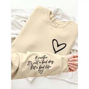 Breathable Heart Letter Print Fleece Pullover Sweatshirt, Loose-Fit Round Neck Casual Holiday Wear, Fall & Winter New Arrival