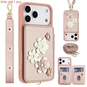 Wallet Case for iPhone 17 Series, Floral Magnetic Flip Cover with Card Slots & Stand, Detachable Lanyard, Stylish Protective Accessory, Protector