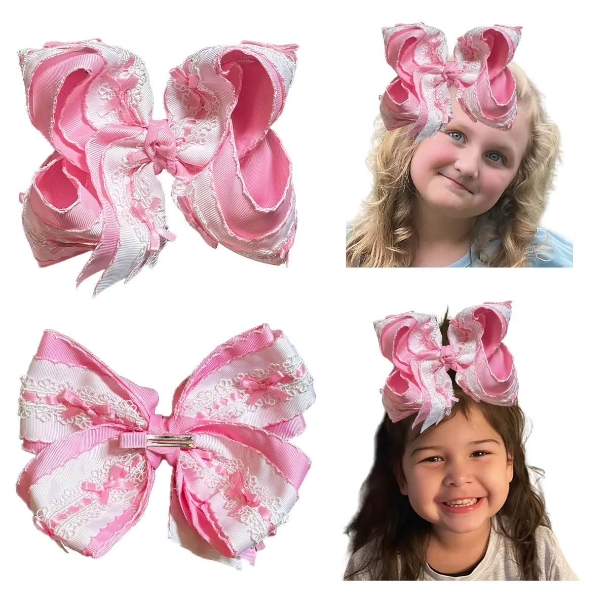 Summervibes JoyBowie 8-inch Lace Bow Pink Floral Pattern Hair Accessory for Girls & Baby Girls Casual Wear Soft Colorblock Twill Material Multi-Layered Design Knotted Elastic Headbands