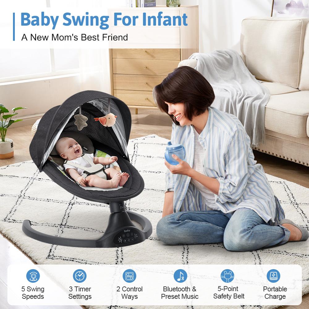 COMOMY Baby Swing for Infants with 5 Natural Sway Speeds, Portable Bt Music Baby Swing with Remote Control & 5-Point Harness, Hands-Free Baby Soother, Lightweight Baby Rocker for 5-20 Lb, 0-6 Months, Black, Valentine's Day