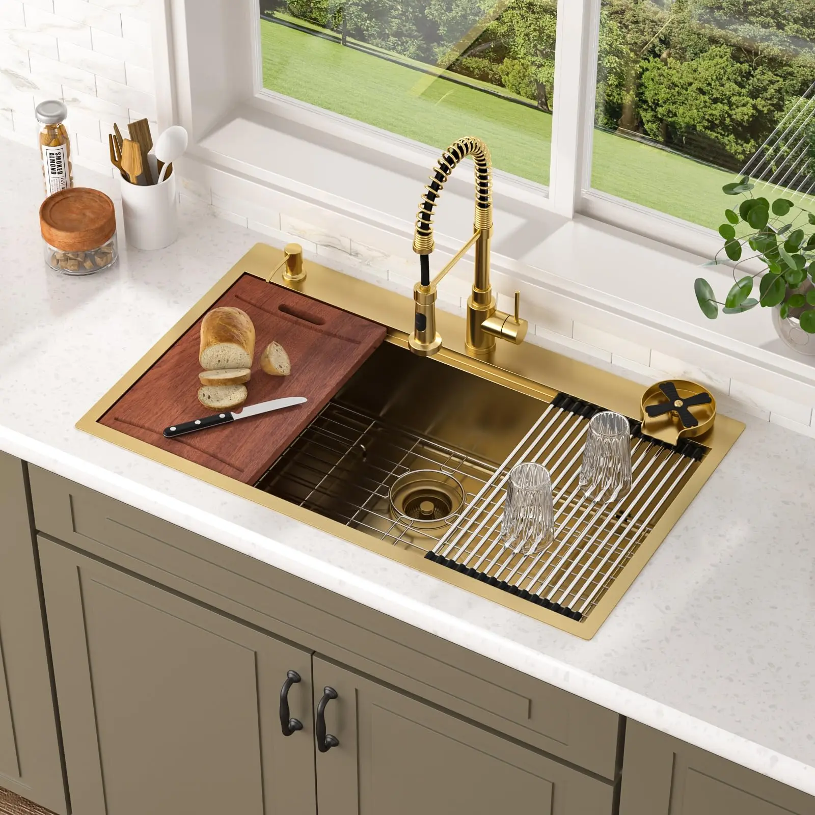 Lordear 36" Square T304 SS Kitchen Sink Set, 16-Gauge Topmount Drop-In Modern Workstation, 36x22x9 in Large Single Bowl with 34x17 in Cutting Board, Drain Strainer, Anti-Clog Tool, Mixing Bowl & Pasta Strainer
