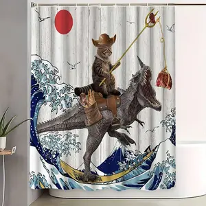 Creative Cat Dinosaur Surf Theme Shower Curtain Set, Blue Colors, Includes Plastic Hooks, Non-Slip Mat, U-Shaped Toilet Pad
