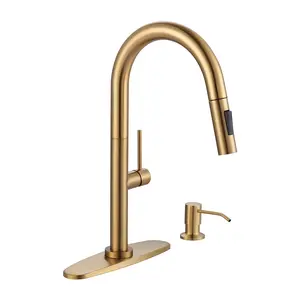 WOWOW 17 in. Single Handle Pull Down Sprayer Kitchen Faucet with 360° 2-Mode Spray and Soap Dispenser in Brushed Gold