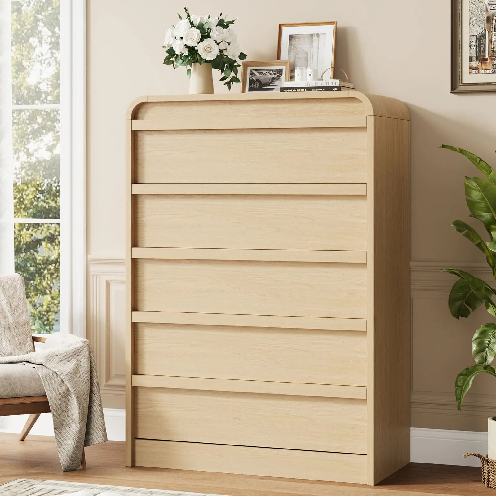 Garvee Arched 5 Drawer Dresser for Bedroom, 45in Tall Wooden 5 Chest of Drawers with Curved Profile Design, Modern Closet Storage Organizer for Living Room, Entryway, Nursery - Natural Oak