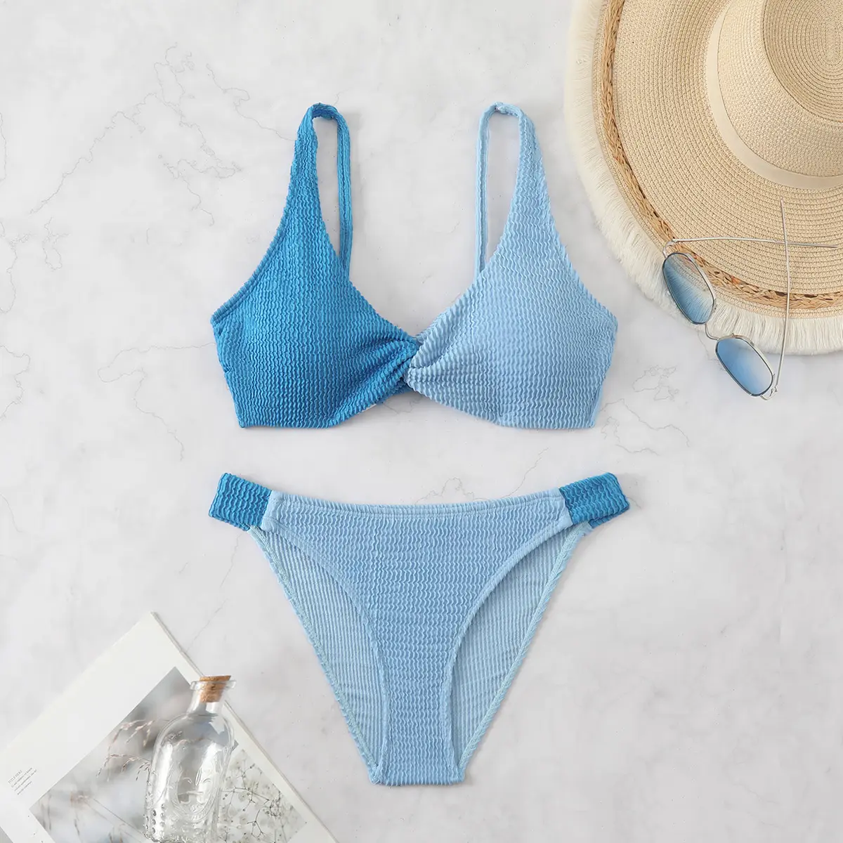 Two Tone Blue Textured Twist Bikini Set for Women - V Neck Triangle Top & High Cut Cheeky Bottoms, Crinkle Fabric, Summer Beach Swimwear