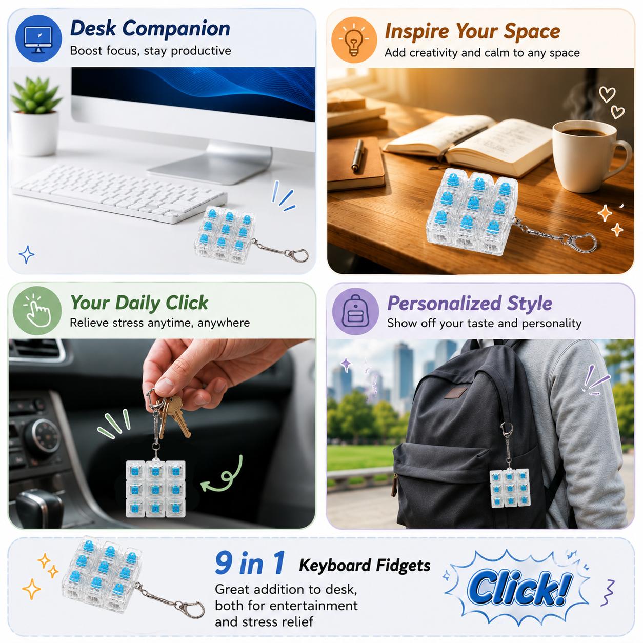 Mechanical Keyboard Fidget Clicker Stress Reliever - Compact Decompression Sensory Toy with Crystal Keycaps, LED Lights, Transparent Acrylic Keys, Christmas Gift Chain, Festive Decor Accent