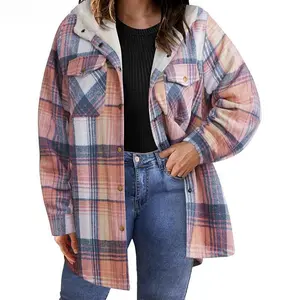 PlusSizeWomenFlannelPlaidShacketJacketLongSleeveButtonDownFleeceHoodedJacketsFallWinterCoatCasualAutumnWomen'sPlaidMatchWithOccasions
