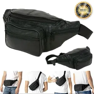 Black Genuine Leather Fanny Pack - Stylish Waist Bag with 3 Compartments & 5 Front Pockets - Ideal for Travelers & Daily Use - Hands-Free Crossbody Purse